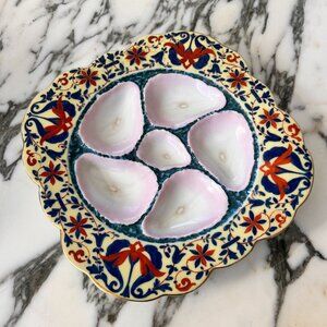 Antique 1800s Oyster Plate–9” Porcelain w/Pink Wells & Floral Motif–RareEuropean